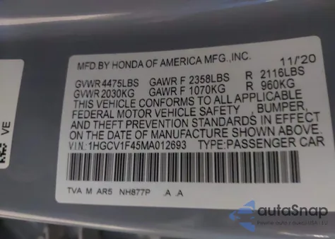 2021 Honda Accord Sport Special Edition from USA, damaged, VIN 1HGCV1F45MA012693